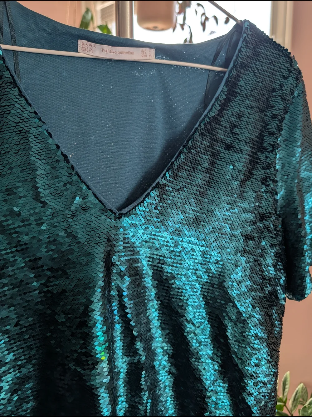 Zara Teal Sequin V-Neck Short Sleeve Top - Picture 3 of 7